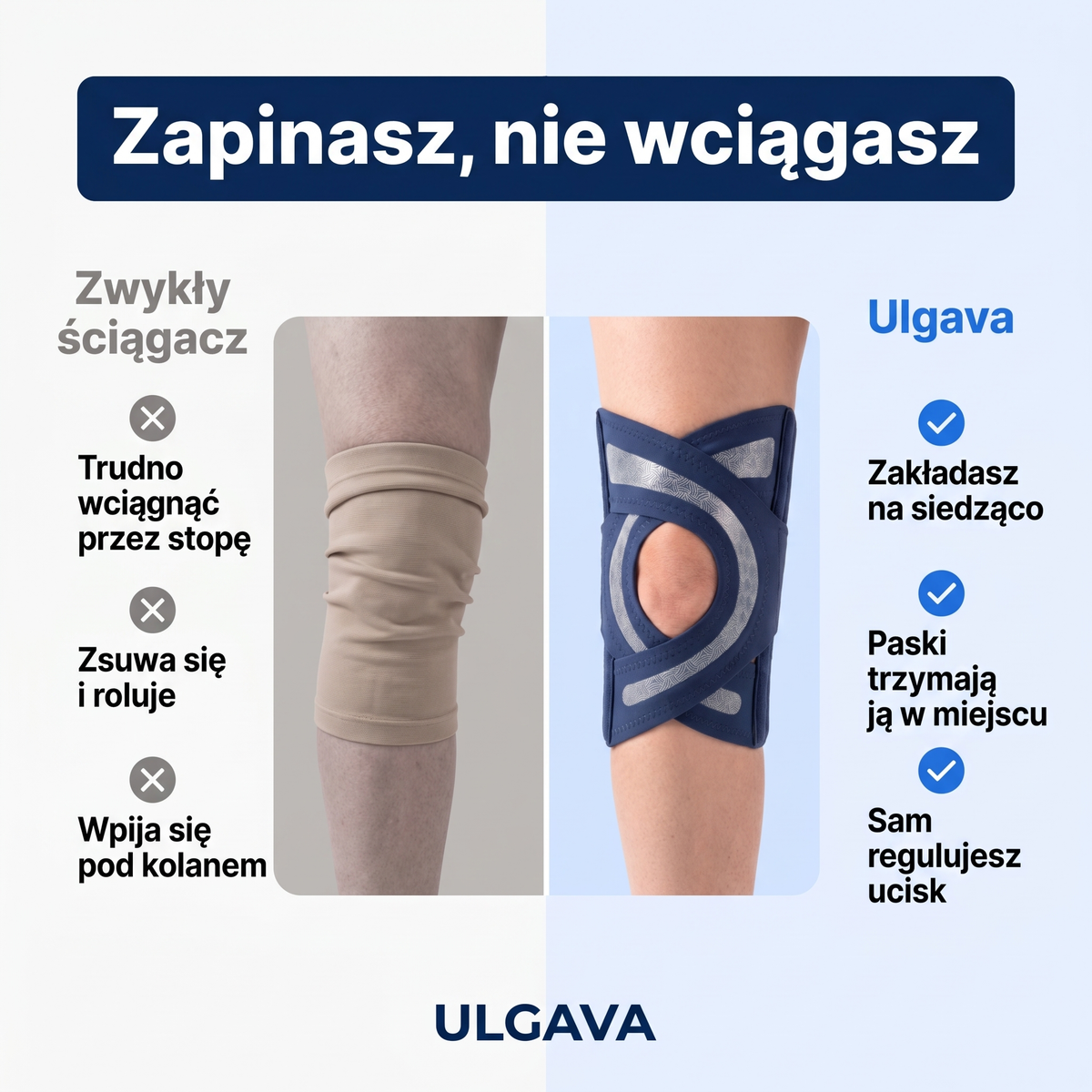 Ulgava – opaska na kolano zapinana na rzep, z regulowanym uciskiem
