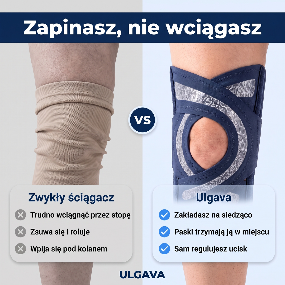 Ulgava – opaska na kolano zapinana na rzep, z regulowanym uciskiem