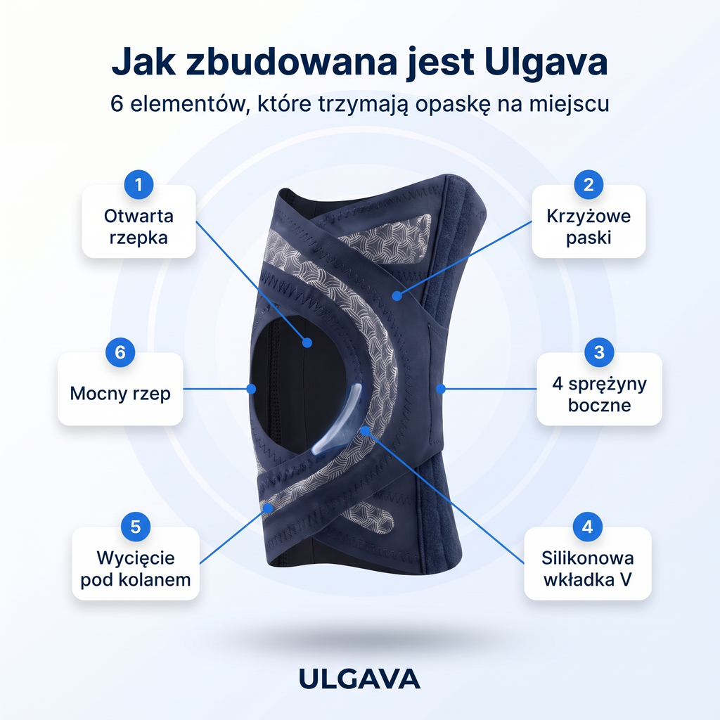 Ulgava – opaska na kolano zapinana na rzep, z regulowanym uciskiem