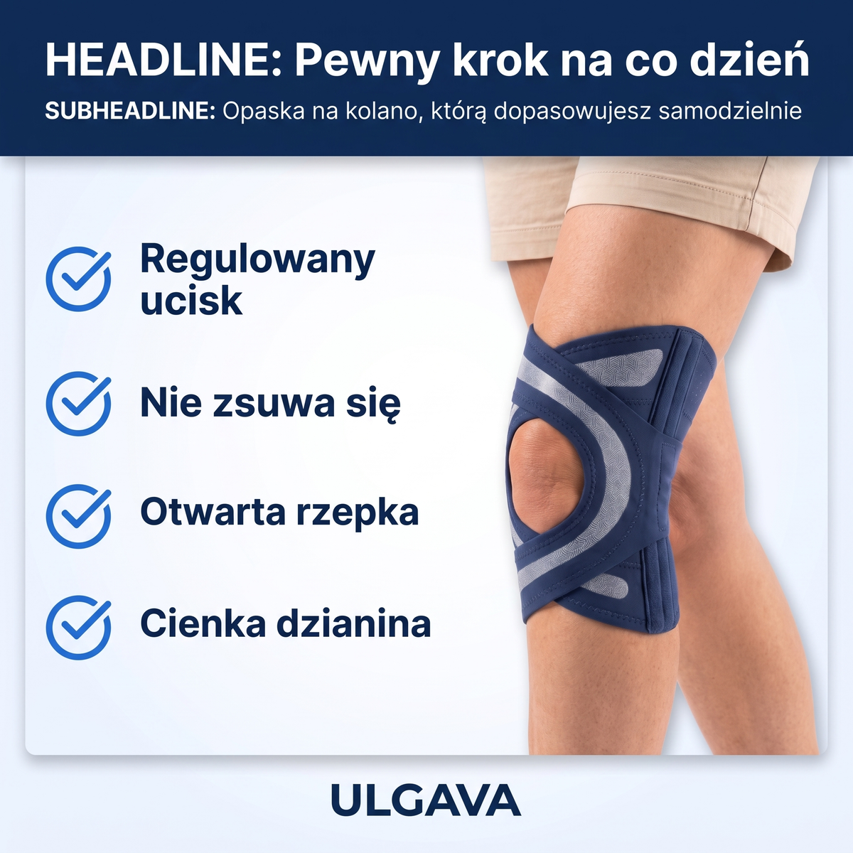 Ulgava – opaska na kolano zapinana na rzep, z regulowanym uciskiem